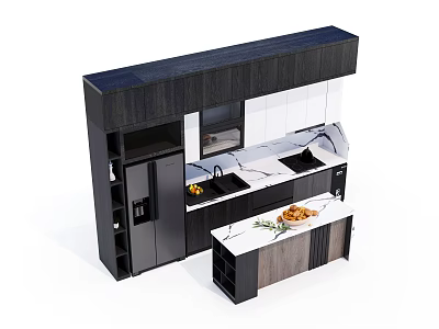 Modern Black And White Kitchen Cabinets With Hanging Base Units Countertop And Fresh Fruits 3d model