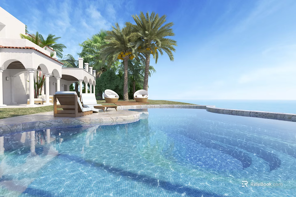 Tropical Garden Landscape with Swimming Pool Palm Trees Loungers and Sea View 3d model 