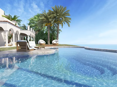 Tropical Garden Landscape with Swimming Pool Palm Trees Loungers and Sea View 3d model