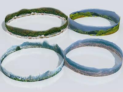 Circular Garden Landscape Design With Greenery Mountain Views And Architectural Elements 3d model