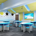 School Cafeteria Interior With Wooden Tables Stools Pendant Lights TV Screen And Windows