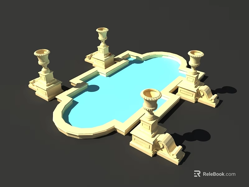 Ornate Garden Ornament Design With Blue Pool And Four Decorative Vases 3d model 