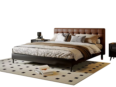 Brown Upholstered Double Bed With Multiple Pillows Striped Quilt And Nightstands On Patterned Rug 3d model