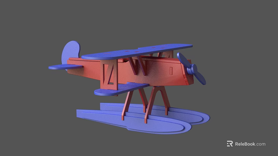 Red And Blue Biplane Toy Airplane 3D Model With Propeller And Stand Base 3d model 