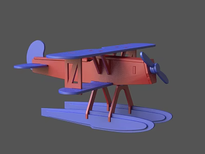 Red And Blue Biplane Toy Airplane 3D Model With Propeller And Stand Base 3d model