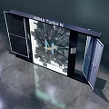 Exhibition Space With Central Clock Installation Surrounded By Cabinets And Reflective Floor