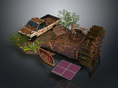 Rustic Scene Components Featuring Old Truck Water Wheel Small Boat Solar Panels Bench And Plants 3d model