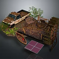 Rustic Scene Components Featuring Old Truck Water Wheel Small Boat Solar Panels Bench And Plants
