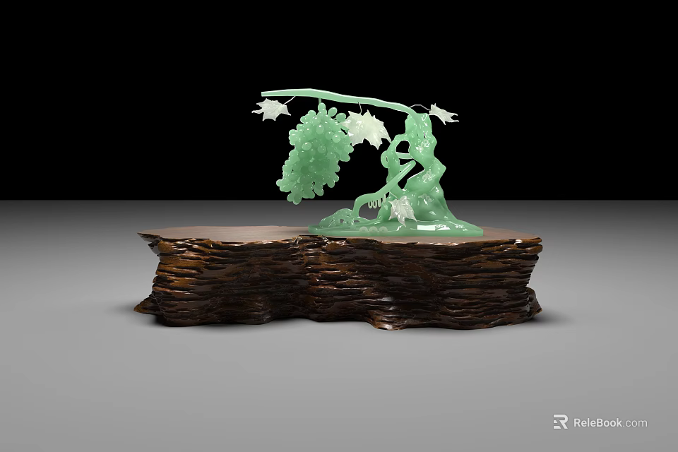 Elegant Green Jade Tree Shaped Jewelry With Leaf Fruit And Wooden Base Decoration 3d model 