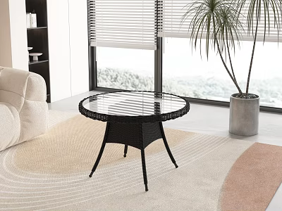 Round Glass Top Coffee Table with Woven Rattan Base in Modern Living Room 3d model