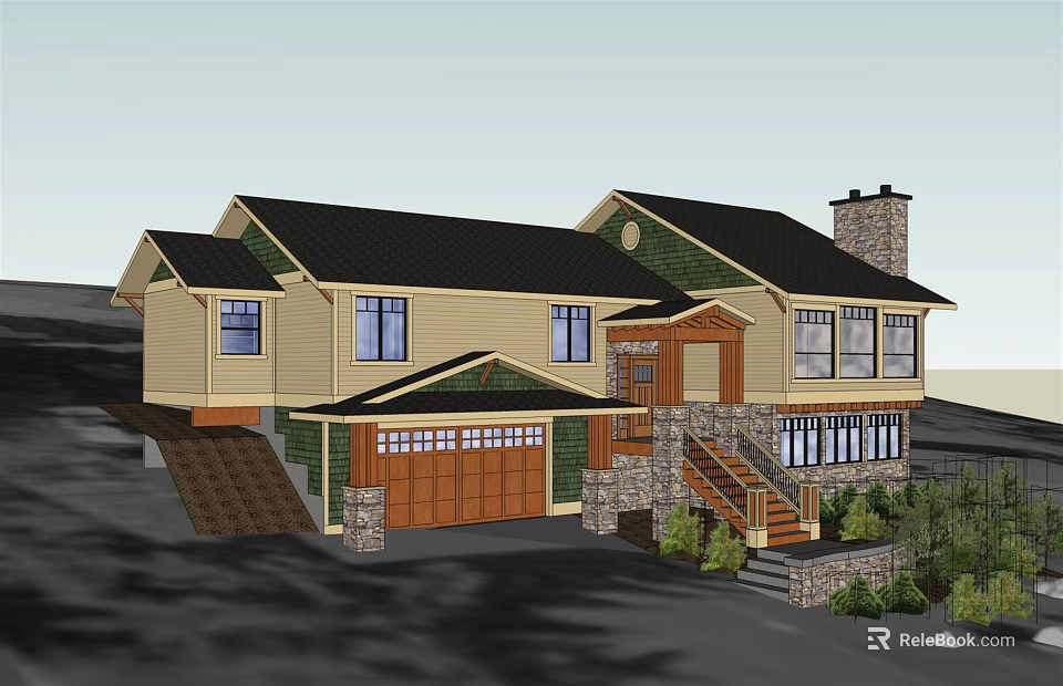 Single Family Detached House With Yellow Exterior Black Roof And Two Car Garage 3d model 