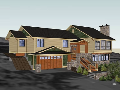 Single Family Detached House With Yellow Exterior Black Roof And Two Car Garage 3d model