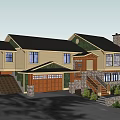 Single Family Detached House With Yellow Exterior Black Roof And Two Car Garage