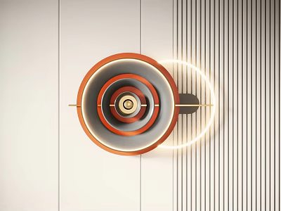 Circular Illuminated Wall Decor With Multi Colored Rings On Vertical Striped White Wall 3d model
