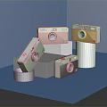Vintage Digital Cameras With Colorful Designs Displayed On Blue Platform Stand