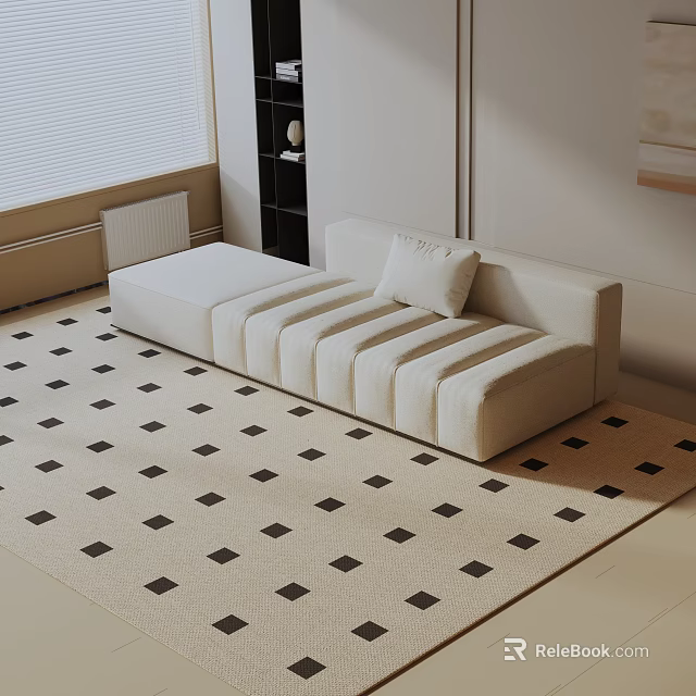 Light Beige Three Seater Sofa With Striped Design In Minimalist Living Room 3d model 