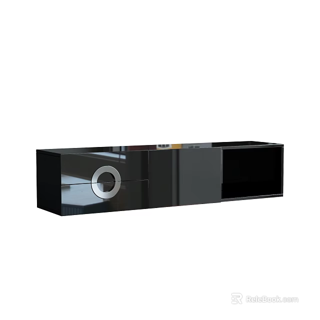 Black Glossy TV Stand With Circular Design And Storage Compartments 3d model 