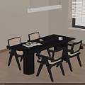 Black Dining Table Set With Cylindrical Legs Four Woven Chairs Wooden Floor And Pendant Light
