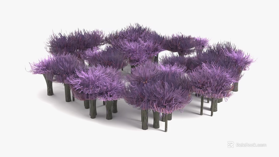 Purple Shrub Like Plants With Green Stems Grouped Together In Cluster 3d model 