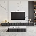 Modern TV Stand Design With Marble Backdrop And Open Shelves In Living Room