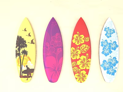 Colorful Decorative Surfboards With Palm Tree And Floral Patterns Design 3d model