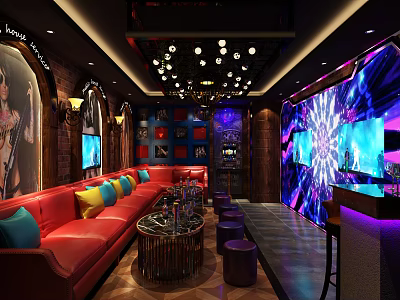 Modern KTV Room With Red Sofas Colorful Cushions LED Screens And Chandeliers 3d model