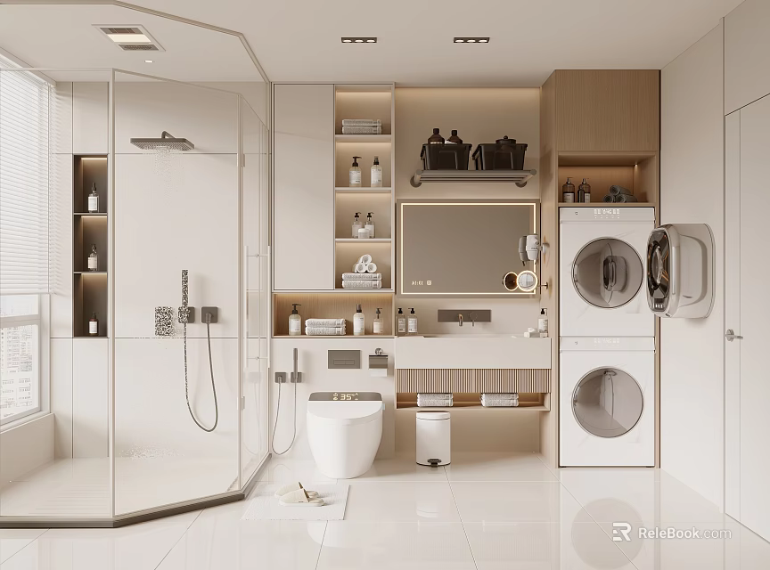 Modern Bathroom Interior Design With Glass Shower Toilet Vanity Mirror Storage And Washing Machine 3d model 
