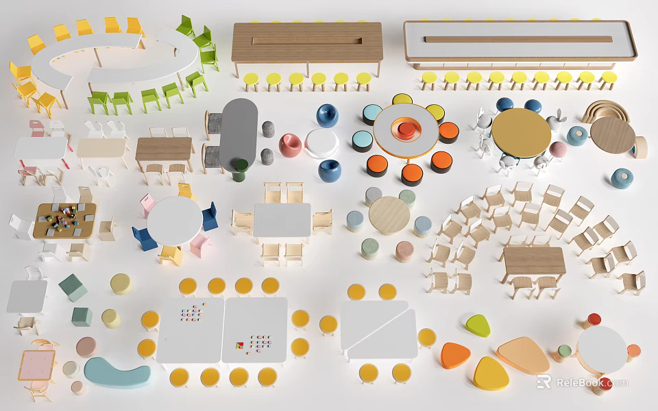 Colorful Table Chair Combinations With Various Shapes And Modern Design Features 3d model