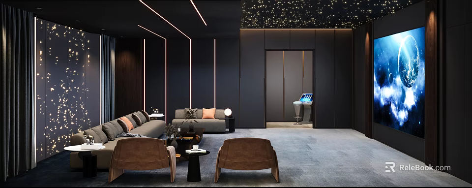 Modern Luxury Clubhouse Interior With Sofas Armchairs And Starry Ceiling 3d model