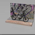 Stylish Black Motorcycle Displayed On Stand With Colorful Graffiti Wall Background