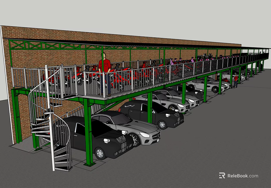 Multi Level Parking Structure Featuring Brick Wall Green Metal Frame Spiral Staircase Platform Parked Cars 3d model 
