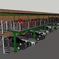 Multi Level Parking Structure Featuring Brick Wall Green Metal Frame Spiral Staircase Platform Parked Cars