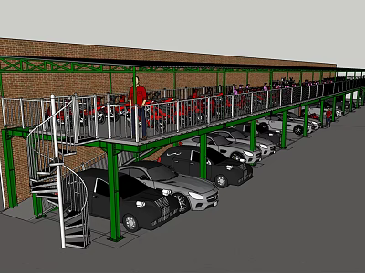 Multi Level Parking Structure Featuring Brick Wall Green Metal Frame Spiral Staircase Platform Parked Cars 3d model