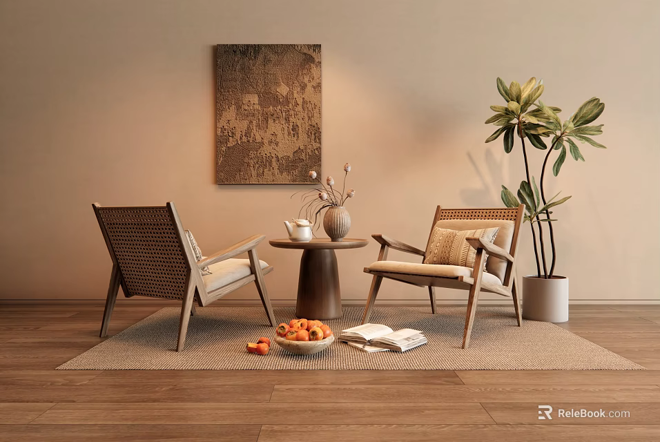 Wicker Leisure Chairs in Cozy Living Room with Side Table Potted Plant and Wall Art 3d model 