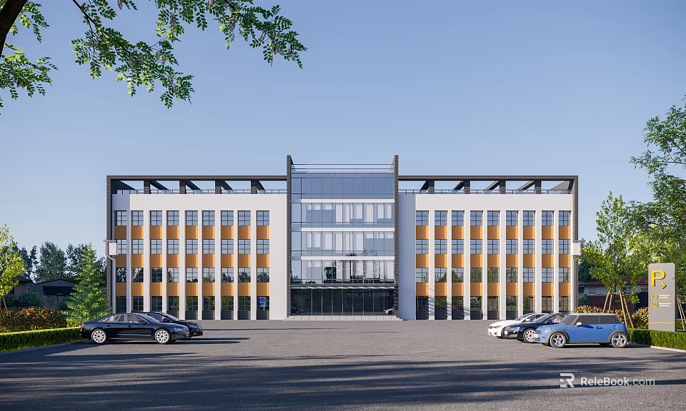Modern Office Building With Glass Facade Multiple Windows Front Parking And Surrounding Greenery 3d model 
