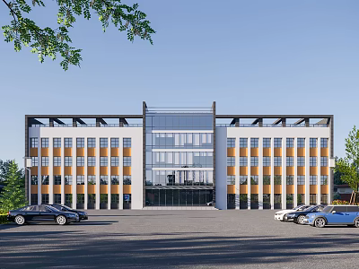 Modern Office Building With Glass Facade Multiple Windows Front Parking And Surrounding Greenery 3d model