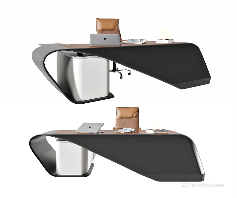 Modern Office Desk With Streamlined Black Surface Leather Chair And Laptop On Top 3d model 
