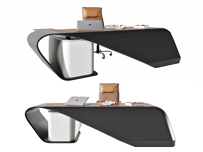 Modern Office Desk With Streamlined Black Surface Leather Chair And Laptop On Top 3d model
