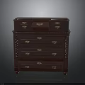 Dark Brown Wooden Chest of Drawers with Intricate Carvings and Metal Handles