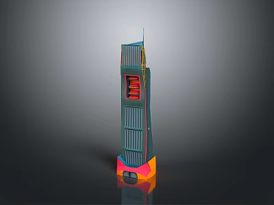 Modern Colorful Tower Building With Green Structure Red Windows Orange Pink Base And Top Spire 3d model