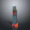 Modern Colorful Tower Building With Green Structure Red Windows Orange Pink Base And Top Spire