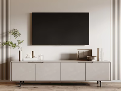 Modern Light Gray TV Stand With TV Striped Wall Decorative Items Plant And Wooden Floor 3d model