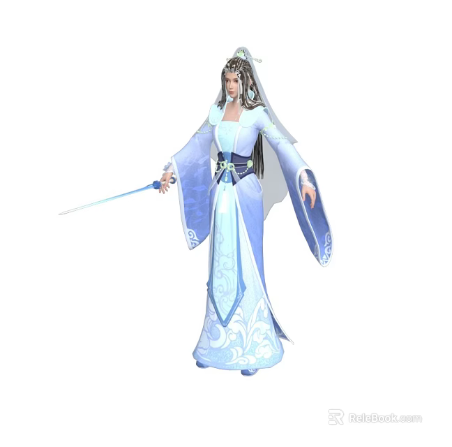 Woman in Blue and White Traditional Costume Holding Sword with Ornate Hair Accessories 3d model 