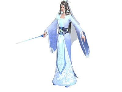 Woman in Blue and White Traditional Costume Holding Sword with Ornate Hair Accessories 3d model