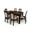 Dark Wooden Rectangular Dining Table Set with Six Upholstered Chairs Beige Seats Backrests 3d model
