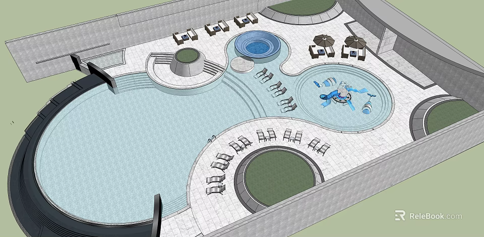 Spacious Modern Swimming Pool Area With Outdoor Seating Umbrellas And Lounge Chairs 3d model 
