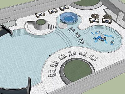 Spacious Modern Swimming Pool Area With Outdoor Seating Umbrellas And Lounge Chairs 3d model
