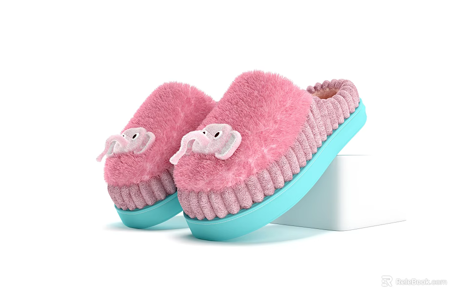 Pink Fluffy Slippers with Cute Elephant Design and Blue Sole for Cozy Indoor Wear 3d model 