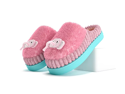 Pink Fluffy Slippers with Cute Elephant Design and Blue Sole for Cozy Indoor Wear 3d model