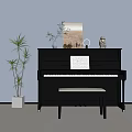 Elegant Black Piano with Music Sheet Landscape Painting Vase Cat Figurine and Green Plant